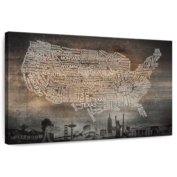 Elephant Stock Wooden United States Wall Art - Horizontal Canvas Wall Art - Living Room Wall Decor - Map Canvas - Gray And Brown Decor - 39" x 26"