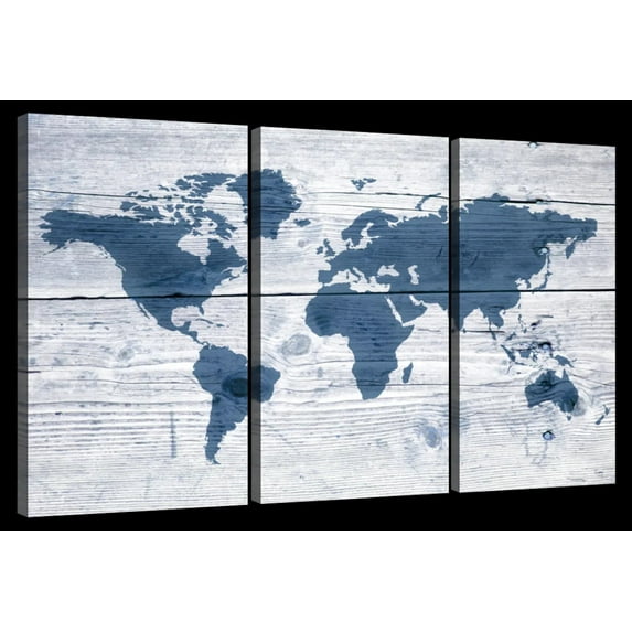 Elephant Stock Wooden World Map Ii Wall Art - Horizontal Multi Panel Canvas - Living Room Wall Decor - Map Multi Panel - Blue And White Decor - 23" x 14"