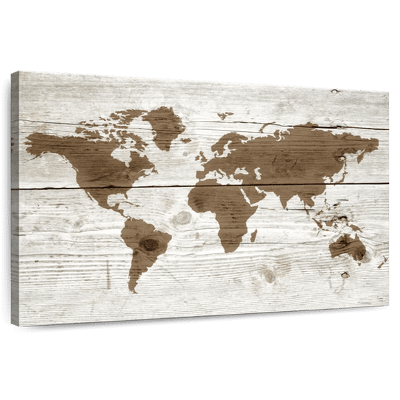 Elephant Stock Wooden World Map Iii Wall Art - Horizontal Canvas Wall Art - Living Room Wall Decor - Map Canvas - White And Brown Decor - 48" x 32"