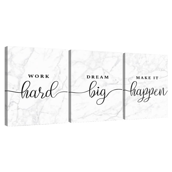 Elephant Stock Work Hard And Make It Happen Typography Wall Art - Horizontal Multi Panel Canvas - Living Room Wall Decor - Inspirational And Typography Multi Panel - White And Gray Decor - 26" x 12"