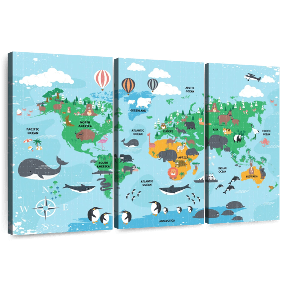 Elephant Stock World Animals Kids' Chart Wall Art - Horizontal Multi Panel Canvas - Kids Room Wall Decor - Map Multi Panel - Blue And Gray Decor - 74" x 48"