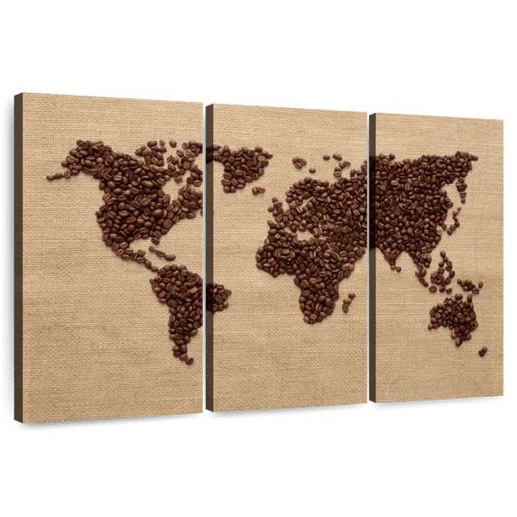 Elephant Stock World Of Coffee Wall Art - Horizontal Multi Panel Canvas - Dining Room Wall Decor - Map Multi Panel - Brown And Beige Decor - 74" x 48"