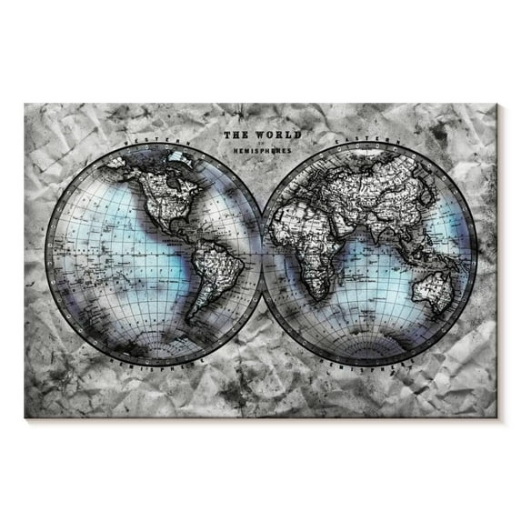 Elephant Stock World Hemispheres Map Wall Art - Horizontal Canvas Wall Art - Living Room Wall Decor - Map Canvas - Blue And Black Decor - 24" x 16"