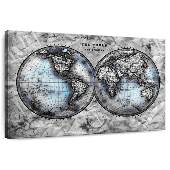 Elephant Stock World Hemispheres Map Wall Art - Horizontal Canvas Wall Art - Living Room Wall Decor - Map Canvas - Blue And Black Decor - 36" x 24"