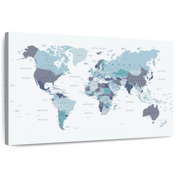 Elephant Stock World Map Blue Wall Art - Horizontal Canvas Wall Art - Living Room Wall Decor - Map Canvas - Blue And White Decor By Urban Epiphany - 30" x 20"