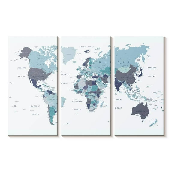 Elephant Stock World Map Blue Wall Art - Horizontal Multi Panel Canvas - Living Room Wall Decor - Map Multi Panel - Blue And White Decor By Urban Epiphany - 23" x 14"