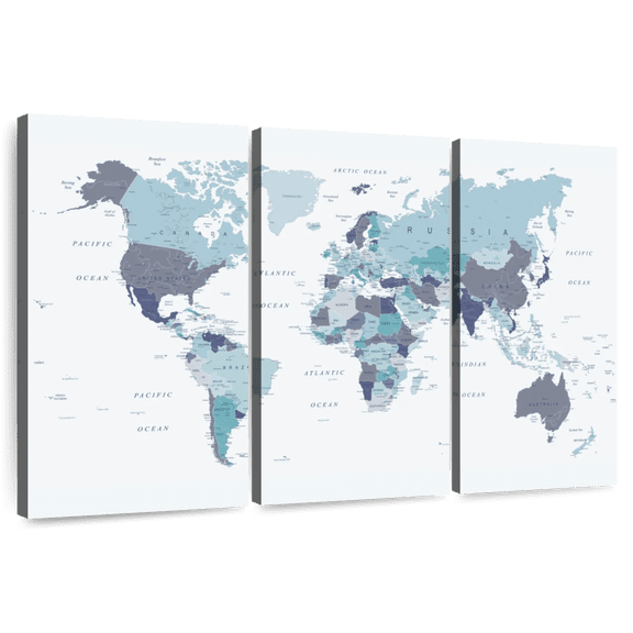 Elephant Stock World Map Blue Wall Art - Horizontal Multi Panel Canvas - Living Room Wall Decor - Map Multi Panel - Blue And White Decor By Urban Epiphany - 33" x 20"