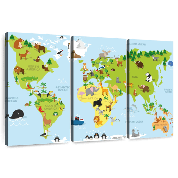 Elephant Stock World Map For Kids Wall Art - Horizontal Multi Panel Canvas - Nursery Wall Decor - Education Multi Panel - Beige And Gray Decor - 74" x 48"