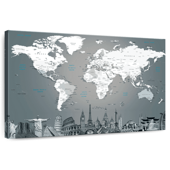 Elephant Stock World Map Masterpiece Ii Wall Art - Horizontal Canvas Wall Art - Living Room Wall Decor - Map Canvas - Gray And White Decor - 24" x 16"