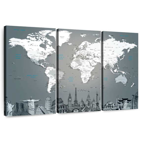 Elephant Stock World Map Masterpiece Ii Wall Art - Horizontal Multi Panel Canvas - Living Room Wall Decor - Map Multi Panel - Gray And White Decor - 38" x 24"
