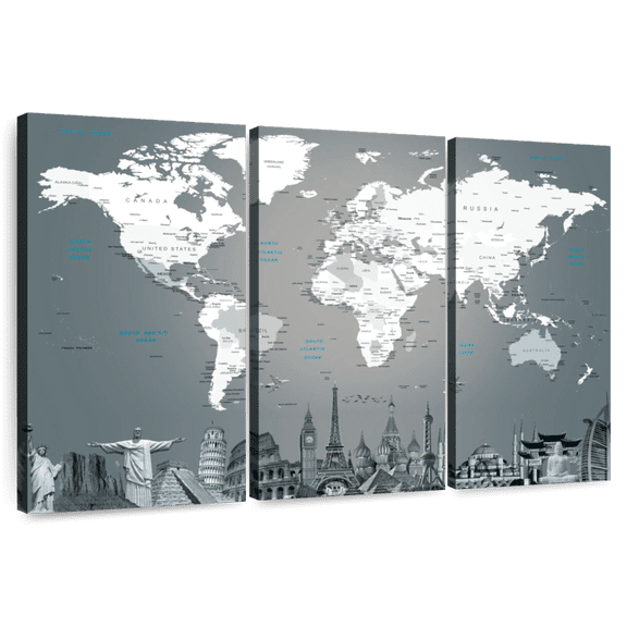Elephant Stock World Map Masterpiece Ii Wall Art - Horizontal Multi Panel Canvas - Living Room Wall Decor - Map Multi Panel - Gray And White Decor - 74" x 48"
