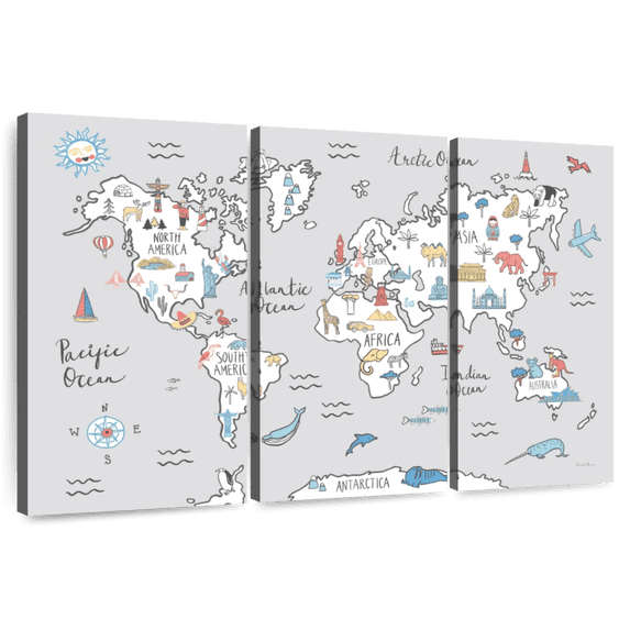 Elephant Stock World Map Pastel Wall Art - Horizontal Multi Panel Canvas - Living Room Wall Decor - Map Multi Panel - Gray And Blue Decor By Farida Zaman - 50" x 32"