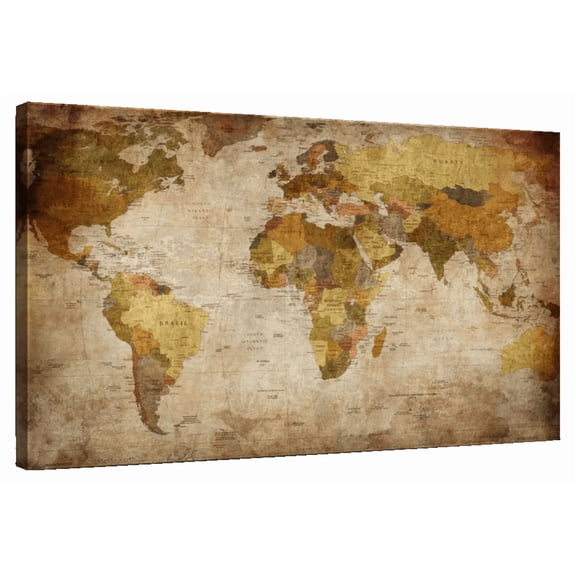 Elephant Stock World Map Wall Art - Horizontal Canvas Wall Art - Living Room Wall Decor - Map Canvas - Brown And Yellow Decor - 12" x 8"