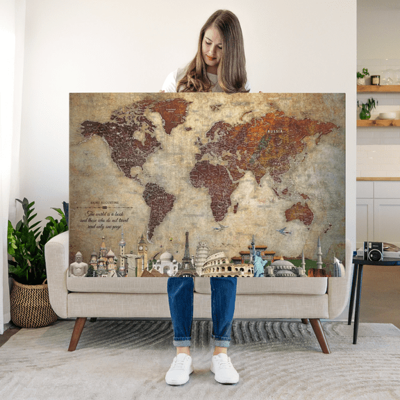 Elephant Stock World's A Book Ii Push Pin World Map Wall Art - Map Canvas Art - 51" x 34"
