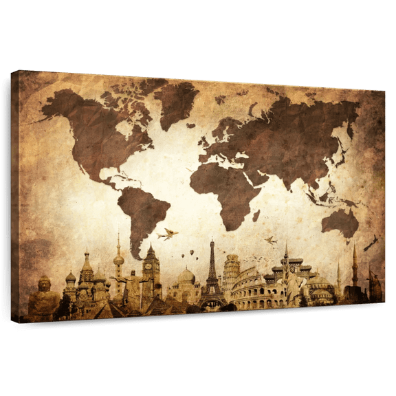 Elephant Stock Wrinkled Vintage World Map Wall Art - Horizontal Canvas Wall Art - Living Room Wall Decor - Map Canvas - Brown And Beige Decor - 30" x 20"
