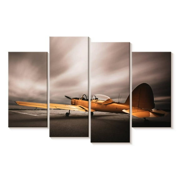 Elephant Stock Yellow Vintage Airplane Wall Art - Horizontal Multi Panel Canvas - Living Room Wall Decor - Transportation Multi Panel - Gray And Beige Decor - 43" x 27"