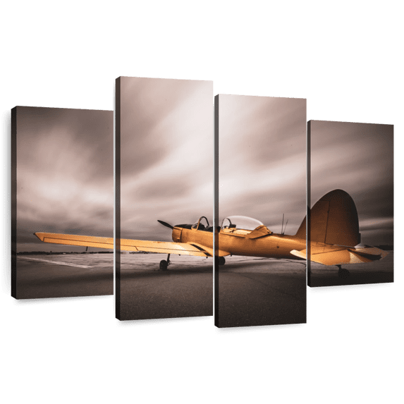 Elephant Stock Yellow Vintage Airplane Wall Art - Horizontal Multi Panel Canvas - Living Room Wall Decor - Transportation Multi Panel - Gray And Beige Decor - 43" x 27"