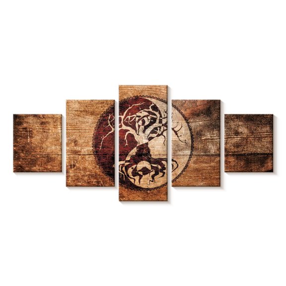 Elephant Stock Yin Yang Wood Style Tree Wall Art - Horizontal Multi Panel Canvas - Living Room Wall Decor - Wellness Multi Panel - Brown And Beige Decor - 92" x 42"