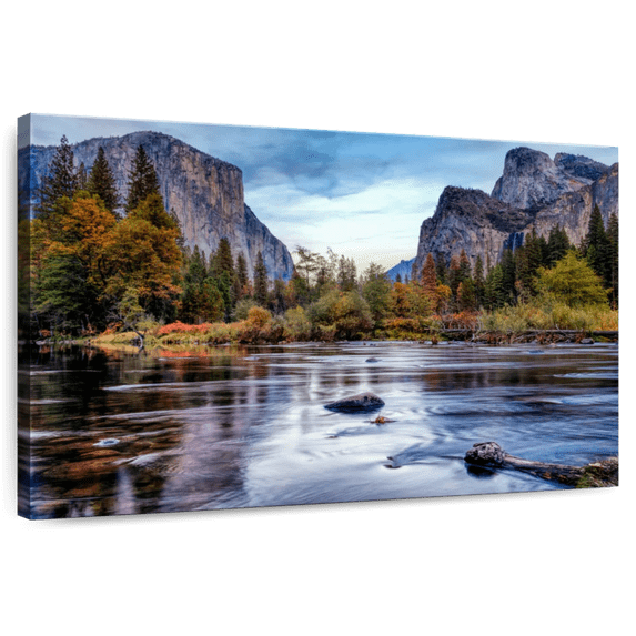 Elephant Stock Yosemite Autumn River Wall Art - Horizontal Canvas Wall Art - Living Room Wall Decor - Nature Canvas - Brown And Blue Decor - 12" x 8"