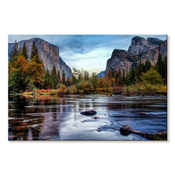 Elephant Stock Yosemite Autumn River Wall Art - Horizontal Canvas Wall Art - Living Room Wall Decor - Nature Canvas - Brown And Blue Decor - 12" x 8"