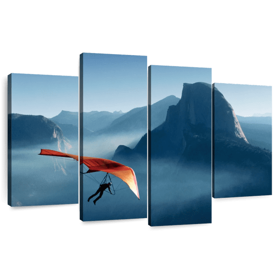 Elephant Stock Yosemite Hang Glider Wall Art - Horizontal Multi Panel Canvas - Living Room Wall Decor - Sports Multi Panel - Blue And Orange Decor - 68" x 42"