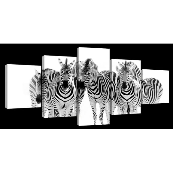 Elephant Stock Zebras On The Move Wall Art - Horizontal Multi Panel Canvas - 5 Pieceliving Room Wall Decor - Photography Animal Multi Panel - Black And White Decor - 29" x 12"