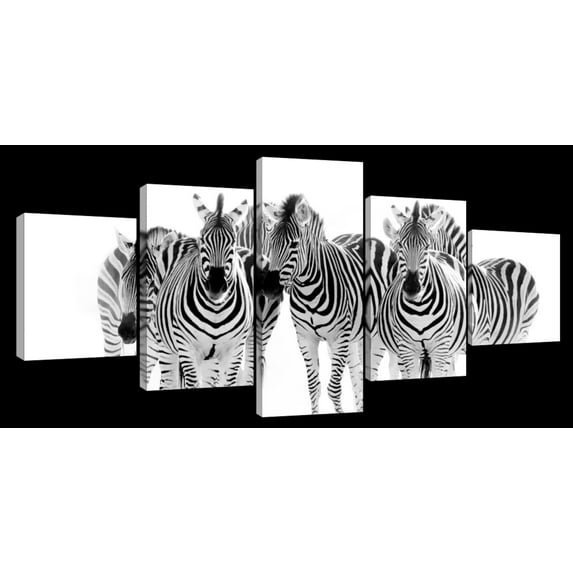 Elephant Stock Zebras On The Move Wall Art - Horizontal Multi Panel Canvas - 5 Pieceliving Room Wall Decor - Photography Animal Multi Panel - Black And White Decor - 29" x 12"