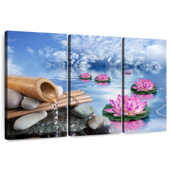 Elephant Stock Zen Lotus Wall Art - Horizontal Multi Panel Canvas - Living Room Wall Decor - Wellness Multi Panel - Blue And Brown Decor - 33" x 20"