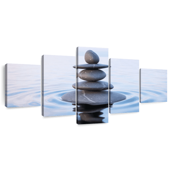 Elephant Stock Zen Stone Balance Wall Art - Horizontal Multi Panel Canvas - Living Room Wall Decor - Wellness Multi Panel - Blue And Gray Decor - 55" x 24"