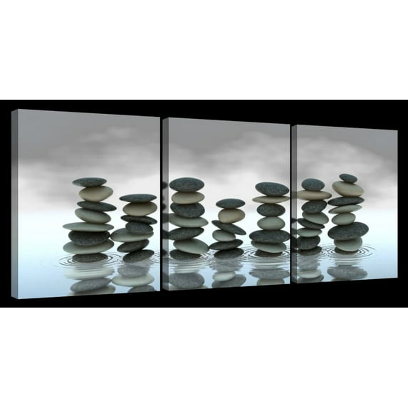 Elephant Stock Zen Stones Wall Art - Horizontal Multi Panel Canvas - 3 Pieceliving Room Wall Decor - Photography Wellness Multi Panel - Gray And Black Decor - 26" x 12"