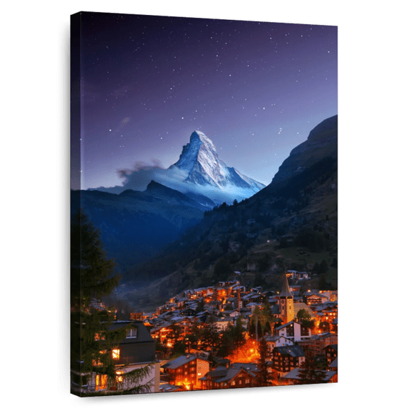 Elephant Stock Zermatt At Night Wall Art - Vertical Canvas Wall Art - Living Room Wall Decor - Places Canvas - Gray And Black Decor - 30" x 45"