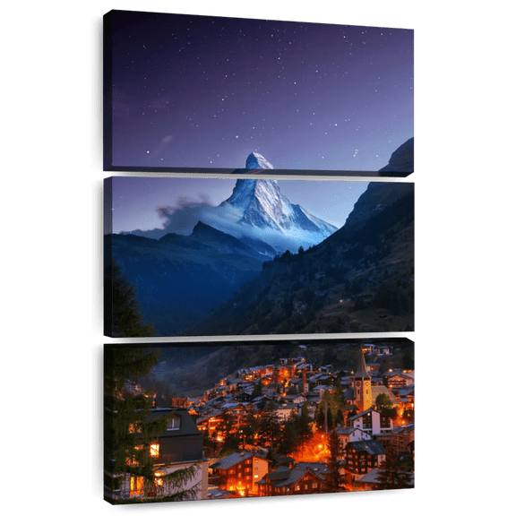 Elephant Stock Zermatt At Night Wall Art - Vertical Multi Panel Canvas - Living Room Wall Decor - Places Multi Panel - Gray And Black Decor - 20" x 32"