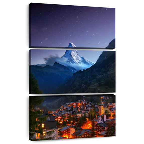Elephant Stock Zermatt At Night Wall Art - Vertical Multi Panel Canvas - Living Room Wall Decor - Places Multi Panel - Gray And Black Decor - 32" x 50"