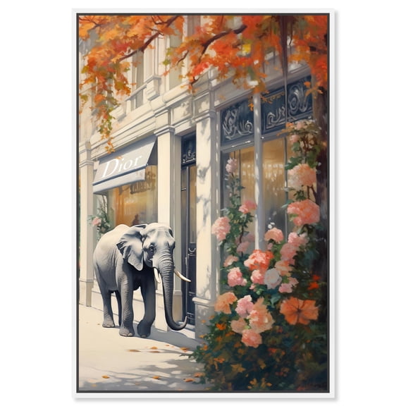 Elephant Storefront Canvas Fashion Designer Wall Art by Art Remedy, White Frame, 20" x 30"