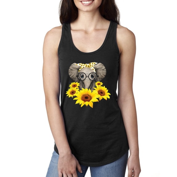 Elephant Sunflower Cute Love Animal Lover Ladies Racerback Tank Top, Black, X-Large