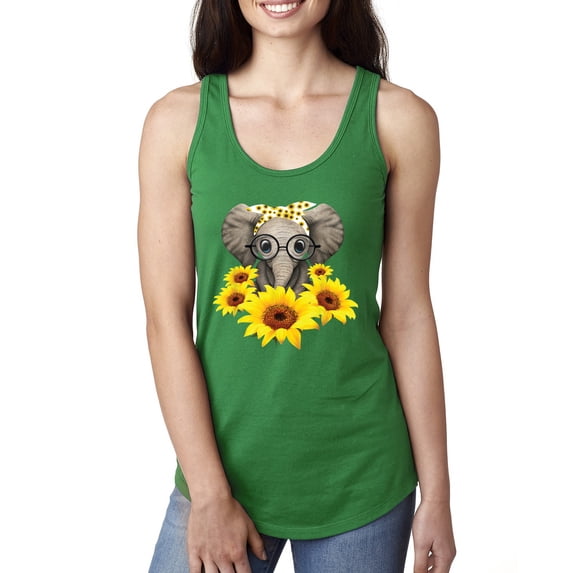 Elephant Sunflower Cute Love Animal Lover Ladies Racerback Tank Top, Kelly, X-Large