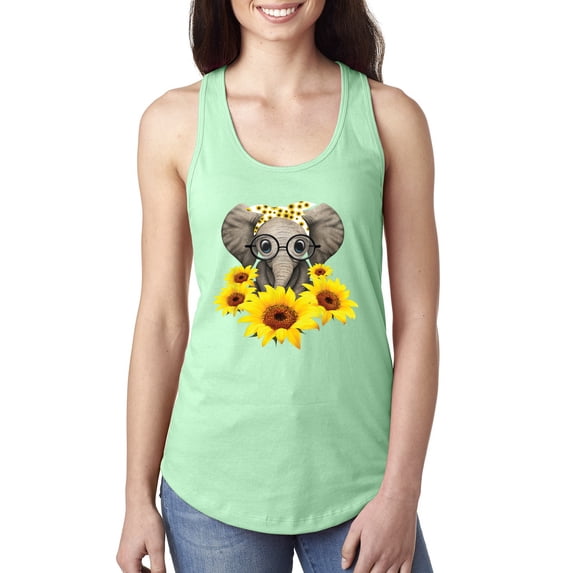 Elephant Sunflower Cute Love Animal Lover Ladies Racerback Tank Top, Mint, X-Large
