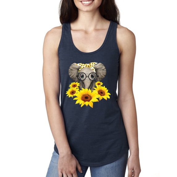Elephant Sunflower Cute Love Animal Lover Ladies Racerback Tank Top, Navy, Medium
