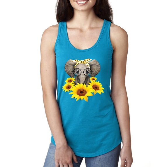 Elephant Sunflower Cute Love Animal Lover Ladies Racerback Tank Top, Turquoise, Small