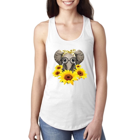 Elephant Sunflower Cute Love Animal Lover Ladies Racerback Tank Top, White, X-Large