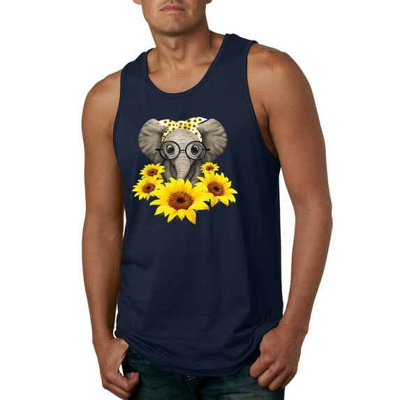 Elephant Sunflower Cute Love Animal Lover Mens Graphic Tank Top, Navy, X-Large
