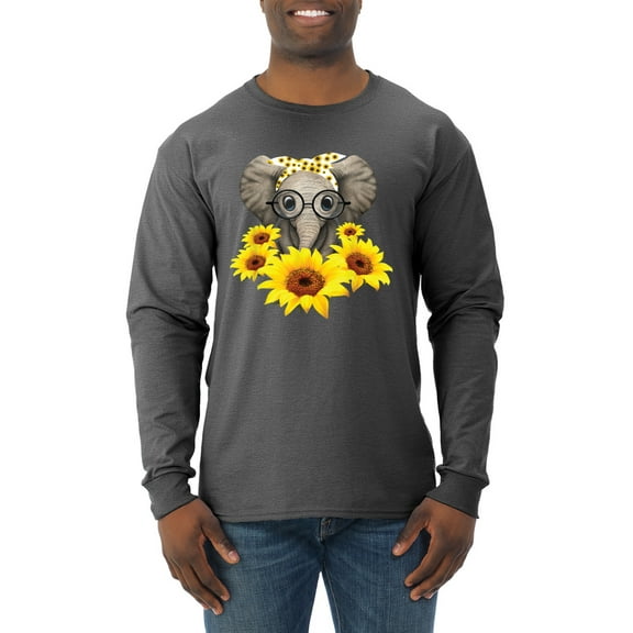 Elephant Sunflower Cute Love Animal Lover Mens Long Sleeve Shirt, Heather Black, X-Large