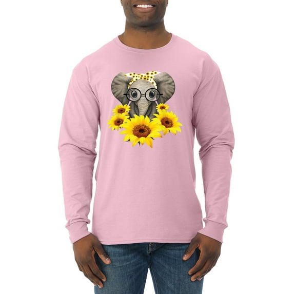 Elephant Sunflower Cute Love Animal Lover Mens Long Sleeve Shirt, Light Pink, 2XL