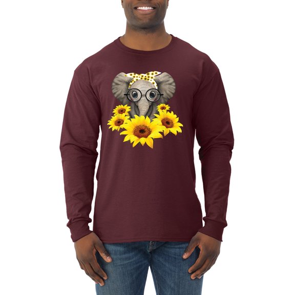 Elephant Sunflower Cute Love Animal Lover Mens Long Sleeve Shirt, Maroon, Large