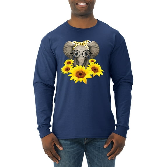 Elephant Sunflower Cute Love Animal Lover Mens Long Sleeve Shirt, Navy, 2XL
