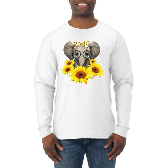 Elephant Sunflower Cute Love Animal Lover Mens Long Sleeve Shirt, White, Medium