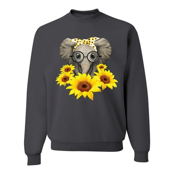 Elephant Sunflower Cute Love Animal Lover Unisex Crewneck Graphic Sweatshirt, Charcoal, Large