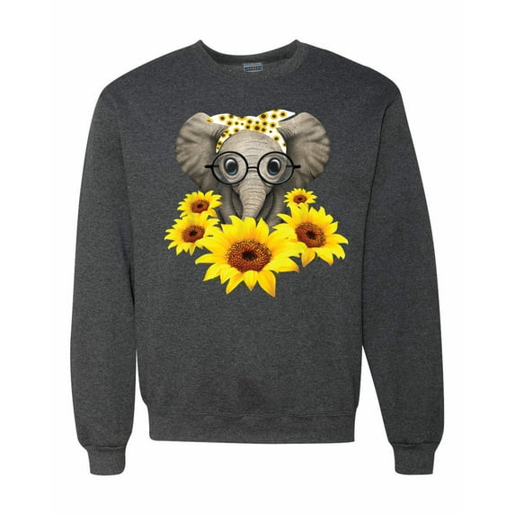 Elephant Sunflower Cute Love Animal Lover Unisex Crewneck Graphic Sweatshirt, Heather Black, X-Large