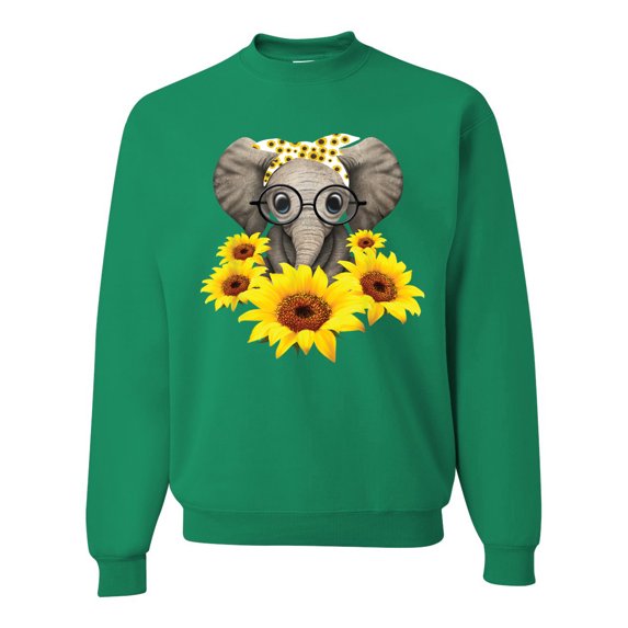Elephant Sunflower Cute Love Animal Lover Unisex Crewneck Graphic Sweatshirt, Kelly, X-Large