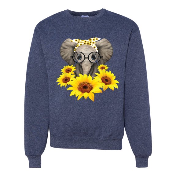 Elephant Sunflower Cute Love Animal Lover Unisex Crewneck Graphic Sweatshirt, Vintage Heather Navy, 3XL